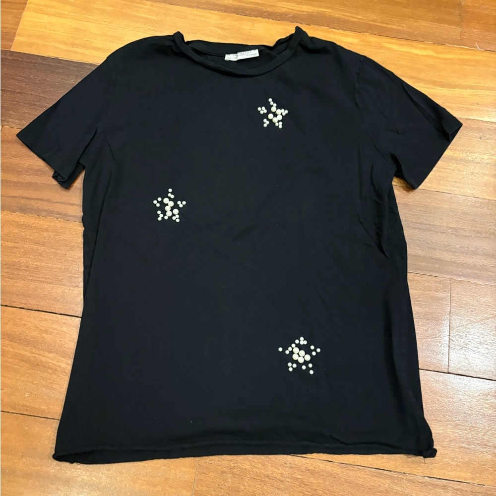 Zara Black Tee With Pearls, Size M